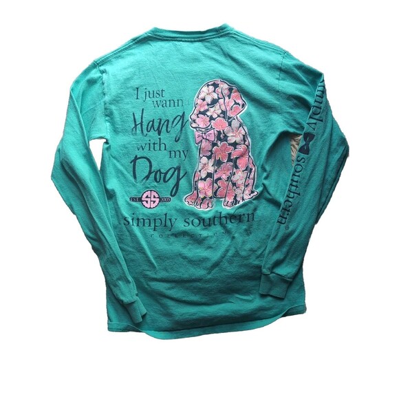 Simply Southern "Hang with my Dog" Sea Glass Green Long Sleeve Tee Small Floral - Picture 2 of 10